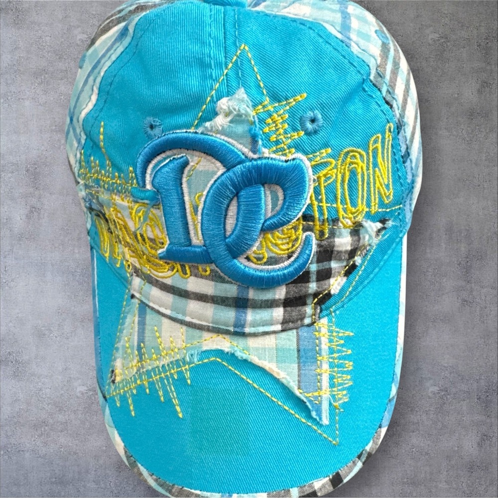 I Love DC Baseball Cap Blue Plaid Distressed Patchwork Hat Y2K Embroidered